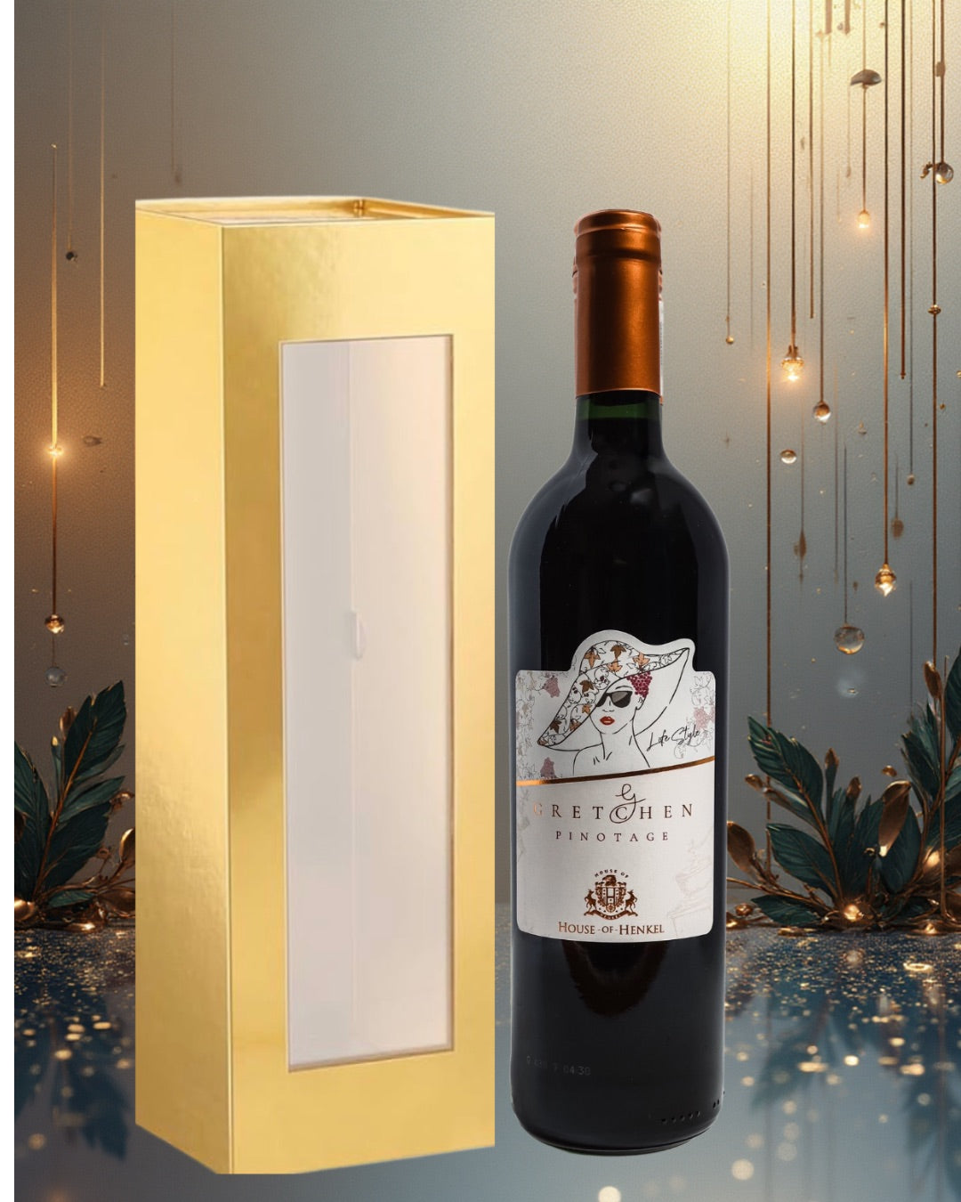 Gretchen Pinotage Wine bottle with decorative label next to a gold gift box on a festive background