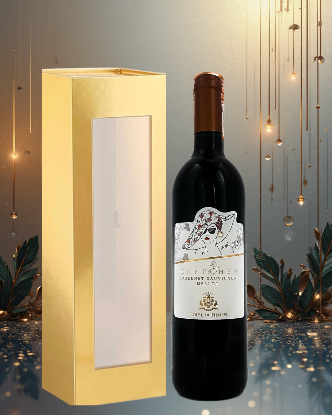 Red wine Gretchen Cab Merlot  bottle with decorative label next to a gold gift box on a festive background