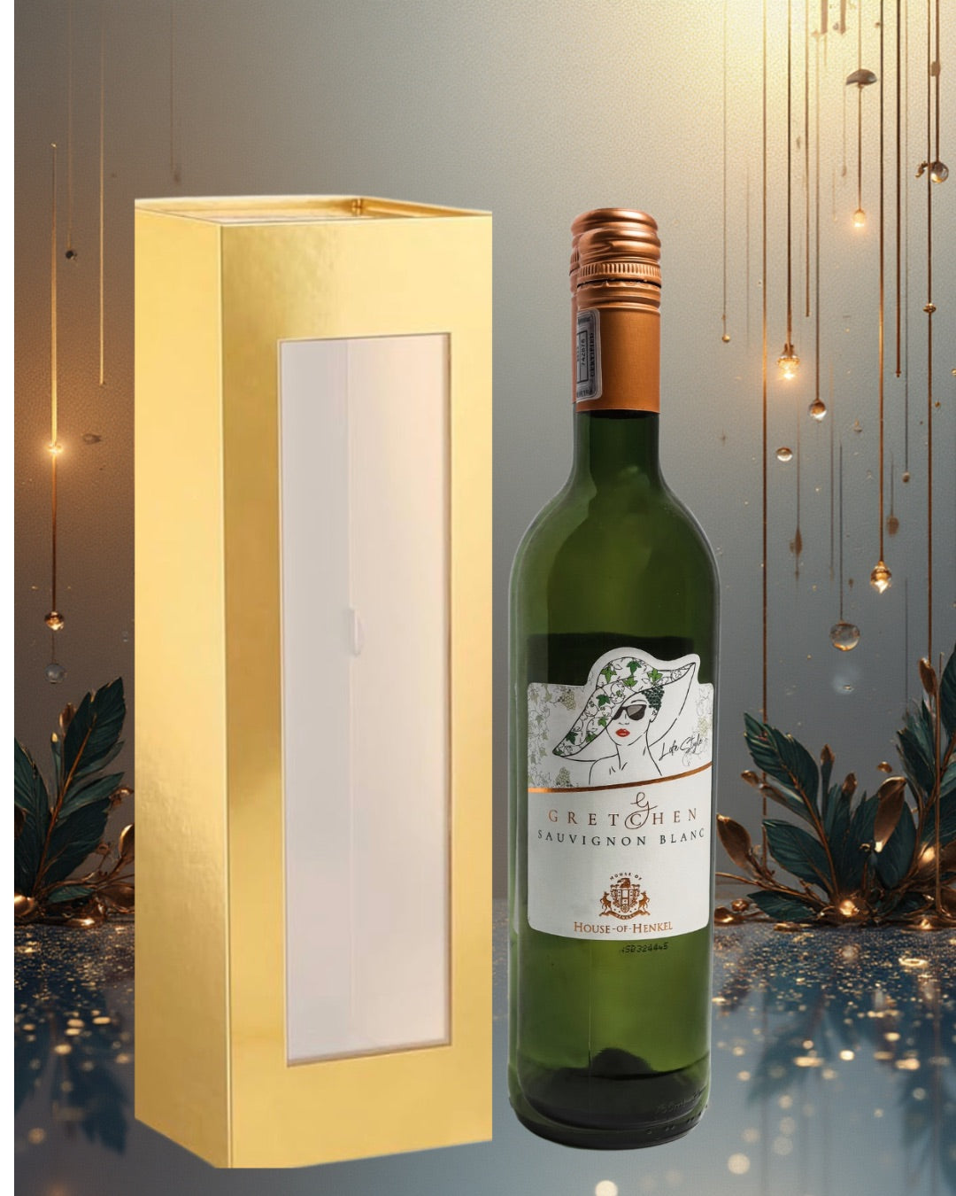 Green wine bottle House of Henkel Gretchen Sauvignon Blanc Box with decorative label next to a gold gift box on a festive background.